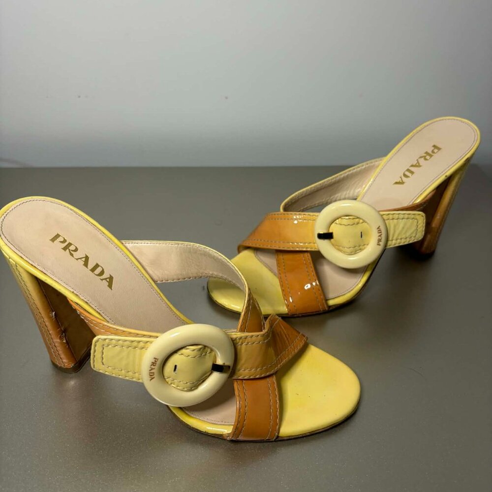 Vintage Prada Orange & Yellow Leather Mules with Buckle – Early 2000s